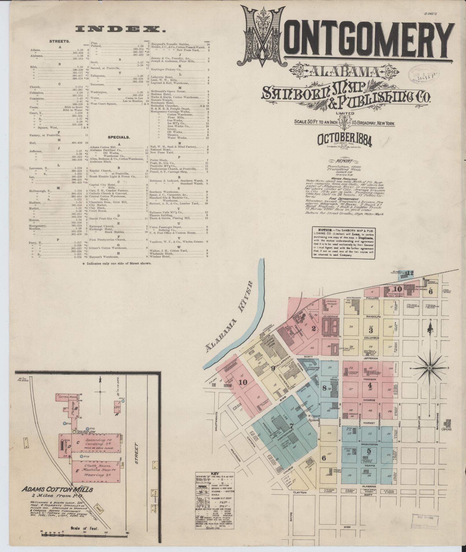 Sanborn Fire Insurance Map from Montgomery, Montgomery County, Alabama (1884), Sheet #0001 - Complete Map Set gallery image, historic Sanborn map, vintage wall art, Alabama Alabama