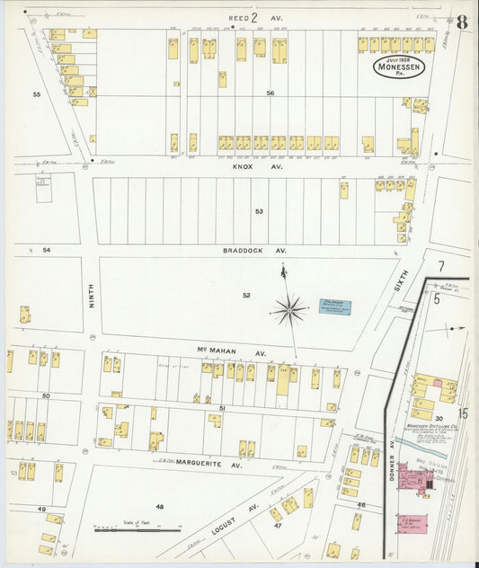 Sanborn Fire Insurance Map from Monessen, Westmoreland County, Pennsylvania (1908), Sheet #0008 - Historic Sanborn Fire Insurance Map Print, vintage old map wall art, antique decor, genealogy gift, Pennsylvania Pennsylvania map