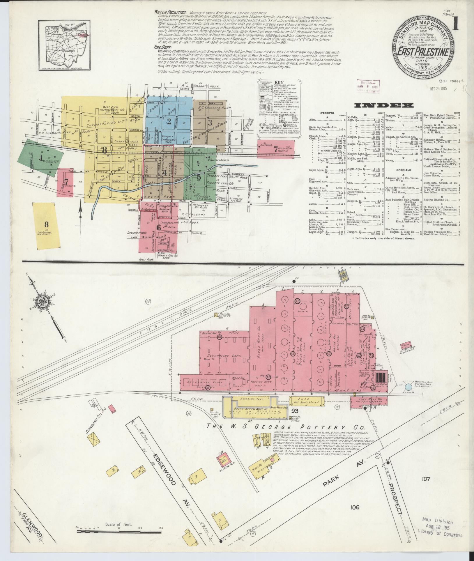 Sanborn Fire Insurance Map from East Palestine, Columbiana County, Ohio (1915), Sheet #0001 - Complete Map Set gallery image, historic Sanborn map, vintage wall art, Ohio Ohio