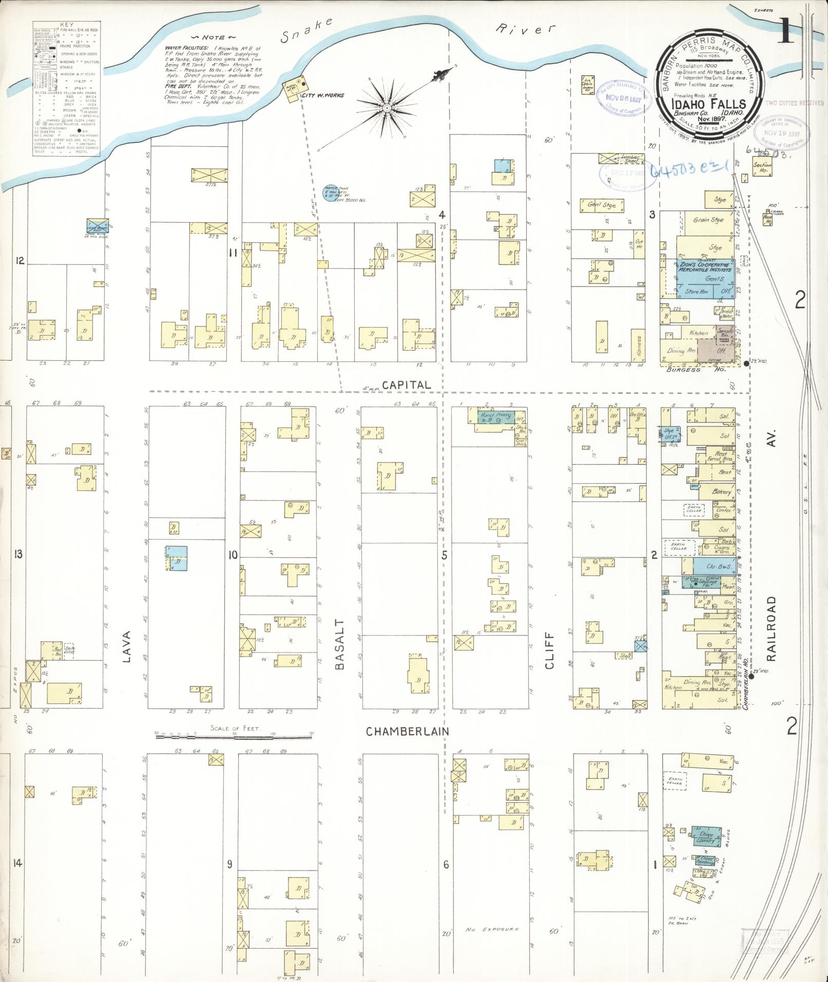 Sanborn Fire Insurance Map from Idaho Falls, Bonneville County, Idaho (1897), Sheet #0001 - Historic Sanborn Fire Insurance Map Print, vintage old map wall art, antique decor, genealogy gift, Idaho Idaho map
