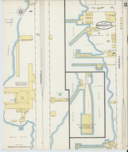 Sanborn Fire Insurance Map from Morehead City, Carteret County, North Carolina (1893), Sheet #0002 - Historic Sanborn Fire Insurance Map Print, vintage old map wall art, antique decor, genealogy gift, North Carolina North Carolina map