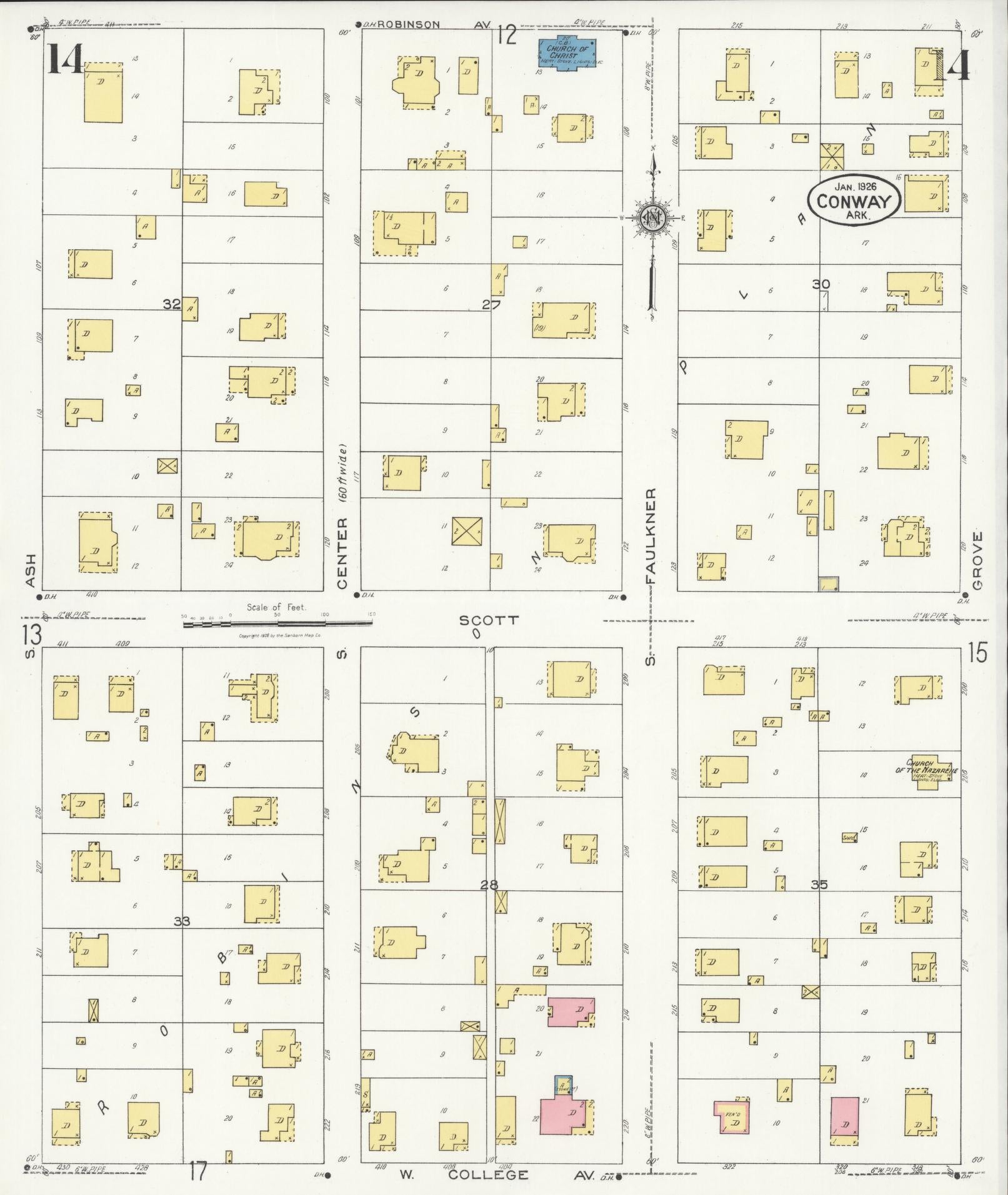 Sanborn Fire Insurance Map from Conway, Faulkner County, Arkansas (1926), Sheet #0014 - Historic Sanborn Fire Insurance Map Print, vintage old map wall art, antique decor, genealogy gift, Arkansas Arkansas map