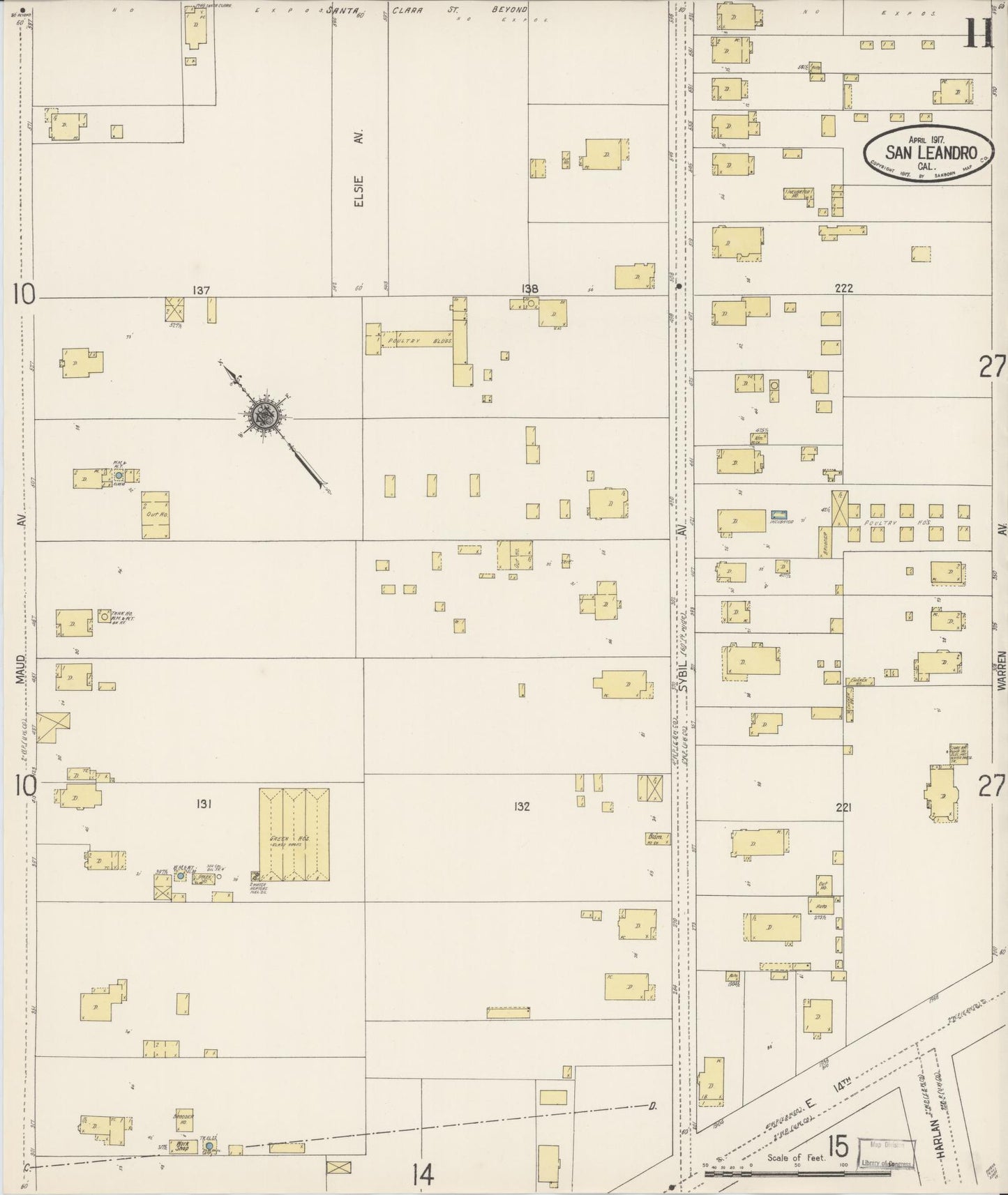 Sanborn Fire Insurance Map from San Leandro, Alameda County, California (1917), Sheet #0011 - Complete Map Set gallery image, historic Sanborn map, vintage wall art, California California