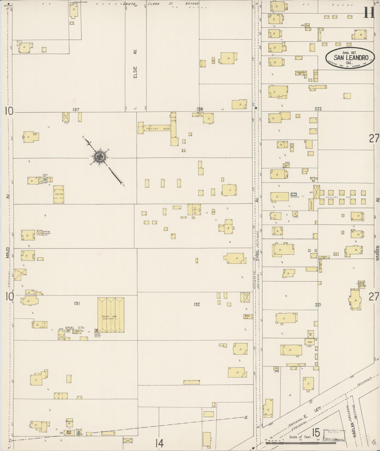 Sanborn Fire Insurance Map from San Leandro, Alameda County, California (1917), Sheet #0011 - Complete Map Set gallery image, historic Sanborn map, vintage wall art, California California