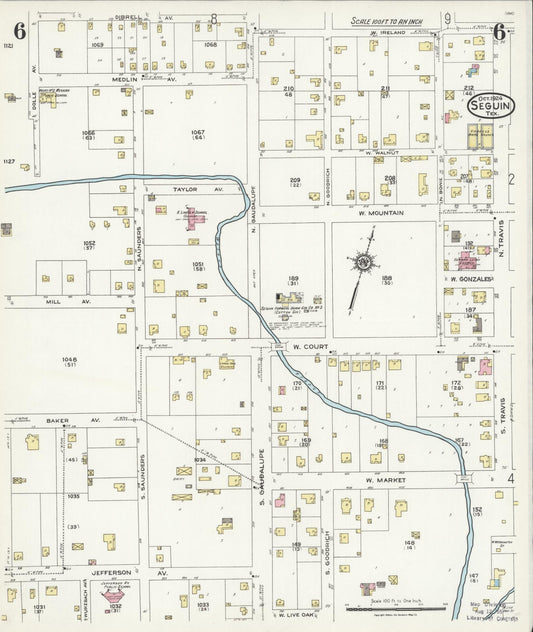 Sanborn Fire Insurance Map from Seguin, Guadalupe County, Texas (1924), Sheet #0006 - Historic Sanborn Fire Insurance Map Print, vintage old map wall art, antique decor, genealogy gift, Texas Texas map