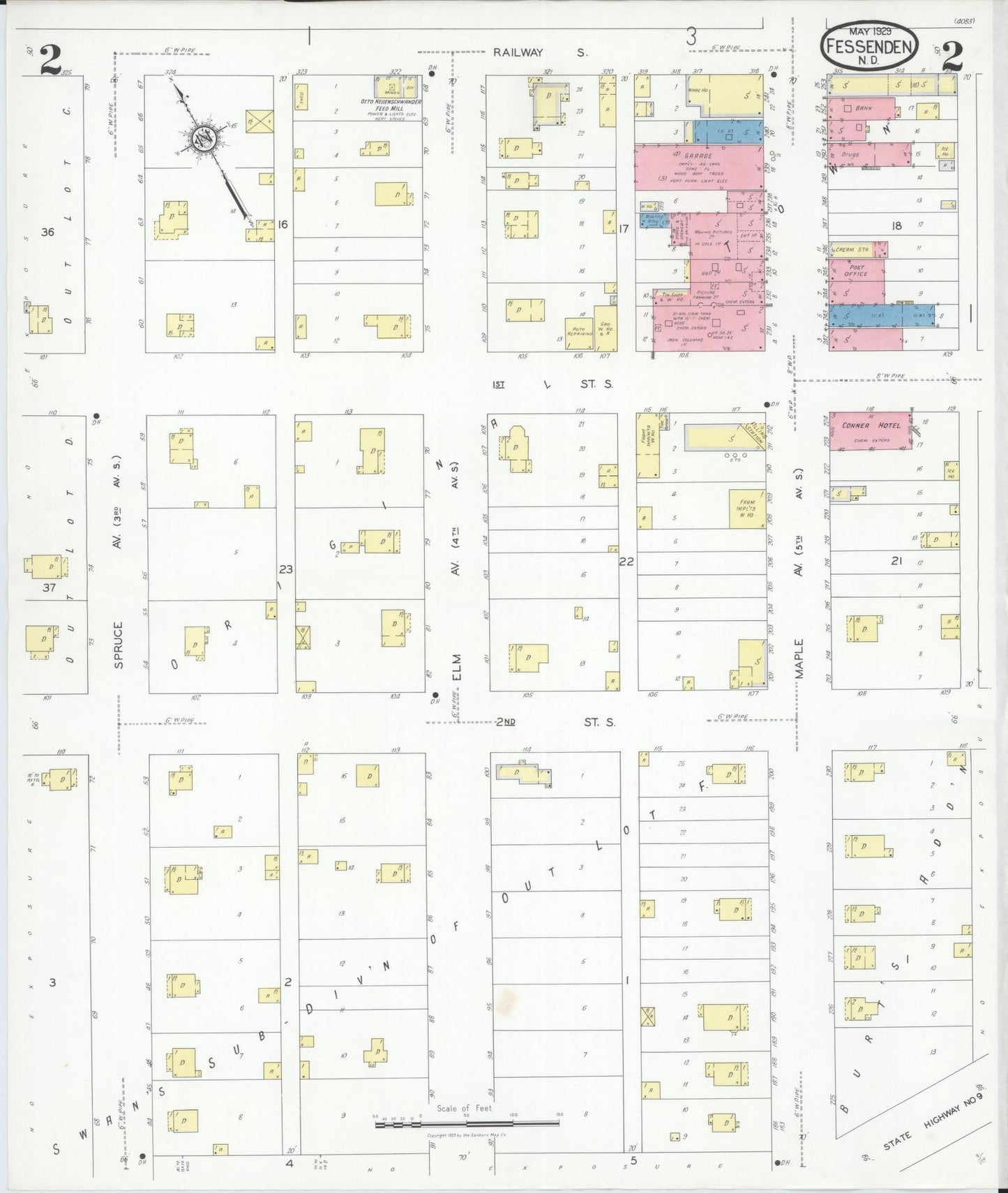 Sanborn Fire Insurance Map from Fessenden, Wells County, North Dakota (1929), Sheet #0002 - Complete Map Set gallery image, historic Sanborn map, vintage wall art, North Dakota North Dakota