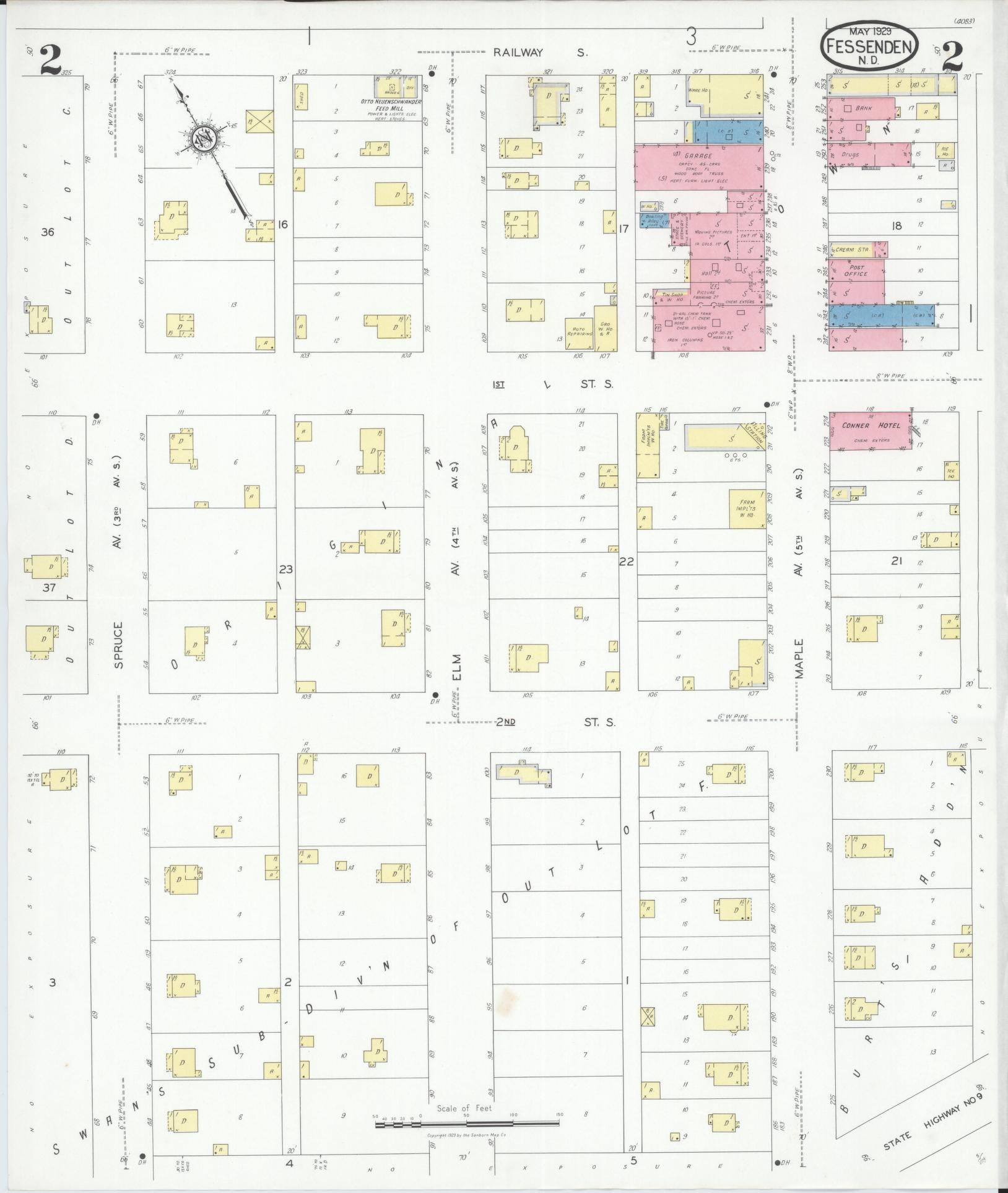 Sanborn Fire Insurance Map from Fessenden, Wells County, North Dakota (1929), Sheet #0002 - Complete Map Set gallery image, historic Sanborn map, vintage wall art, North Dakota North Dakota