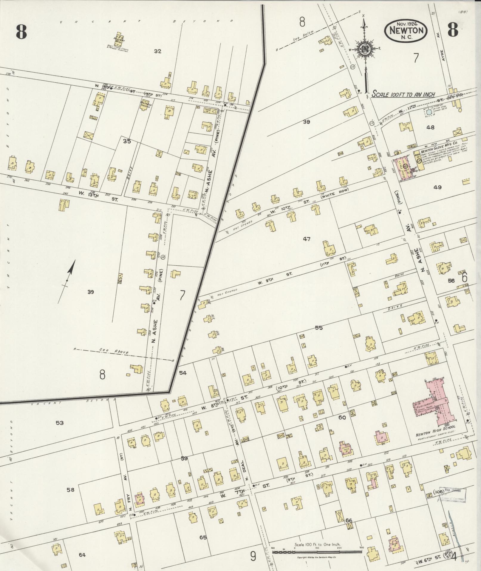 Sanborn Fire Insurance Map from Newton, Catawba County, North Carolina (1924), Sheet #0008 - Historic Sanborn Fire Insurance Map Print, vintage old map wall art, antique decor, genealogy gift, North Carolina North Carolina map