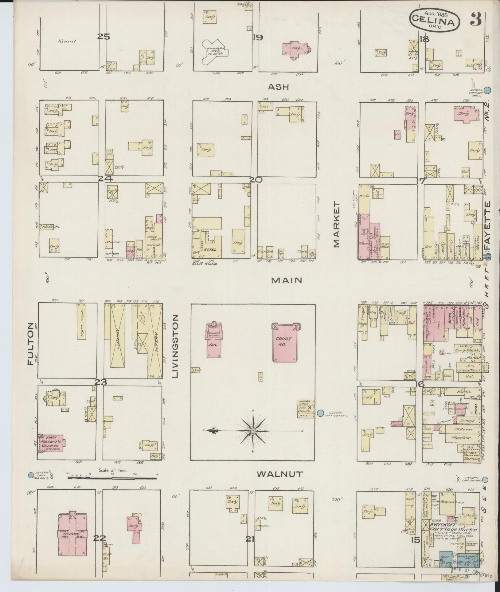 Sanborn Fire Insurance Map from Celina, Mercer County, Ohio (1885), Sheet #0003 - Complete Map Set gallery image, historic Sanborn map, vintage wall art, Ohio Ohio