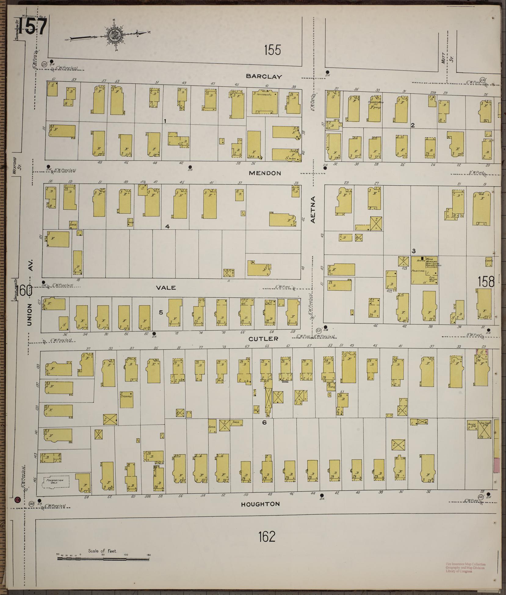 Sanborn Fire Insurance Map from Worcester, Worcester County, Massachusetts (1910), Sheet #0157 - Historic Sanborn Fire Insurance Map Print, vintage old map wall art, antique decor, genealogy gift, Massachusetts Massachusetts map