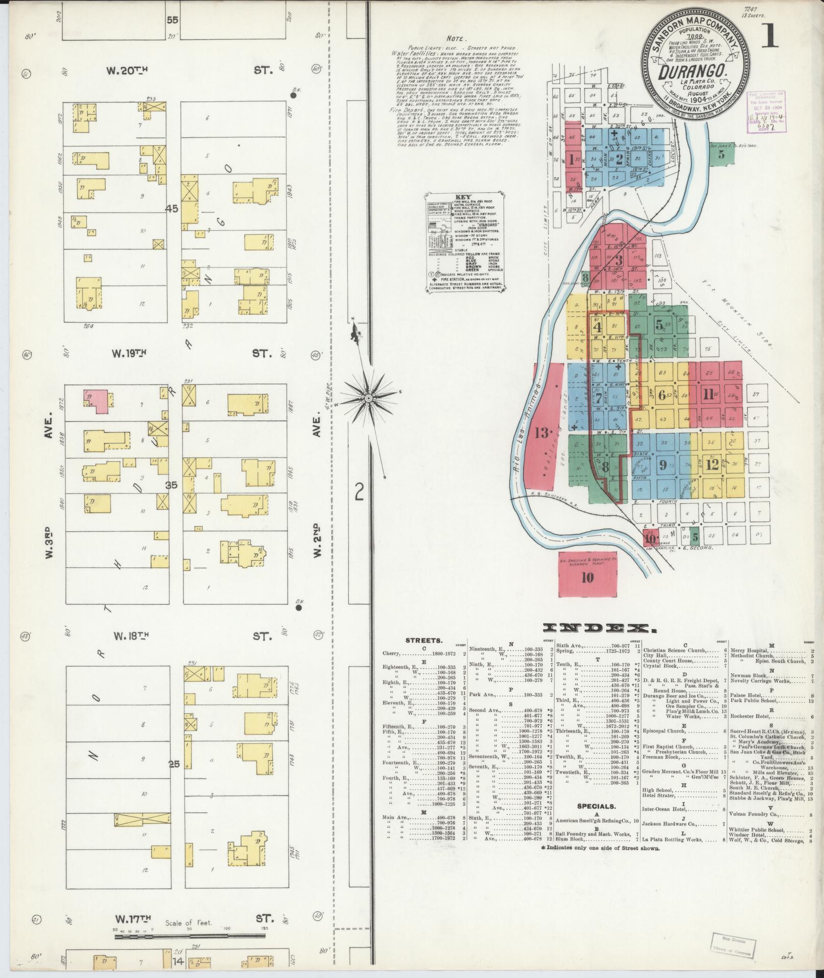 Sanborn Fire Insurance Map from Durango, La Plata County, Colorado (1904), Sheet #0001 - Historic Sanborn Fire Insurance Map Print, vintage old map wall art, antique decor, genealogy gift, Colorado Colorado map