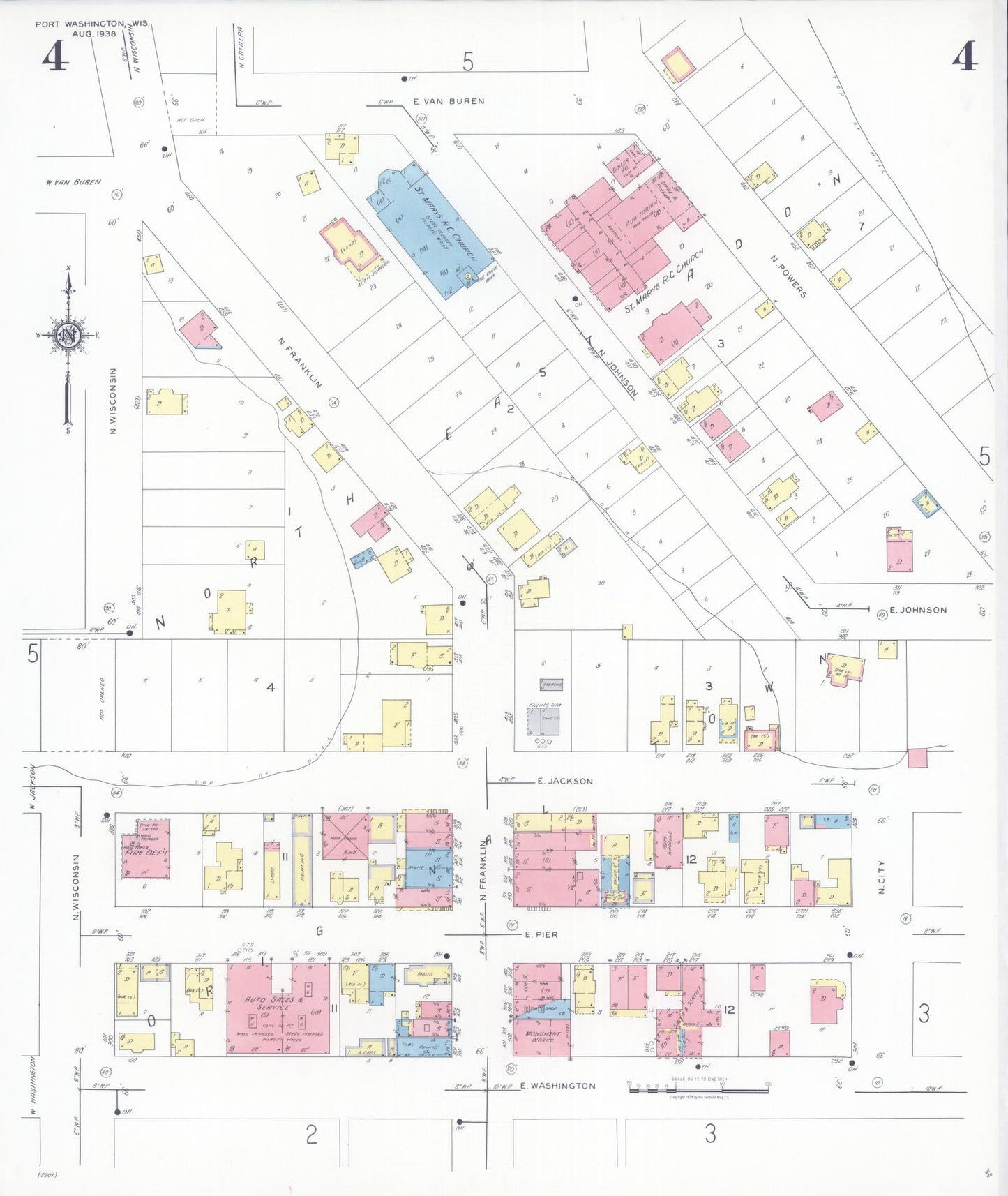 Sanborn Fire Insurance Map from Port Washington, Ozaukee County, Wisconsin (1938), Sheet #0004 - Historic Sanborn Fire Insurance Map Print, vintage old map wall art, antique decor, genealogy gift, Wisconsin Wisconsin map
