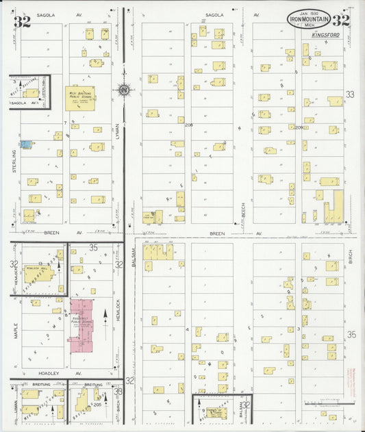 Sanborn Fire Insurance Map from Iron Mountain, Dickinson County, Michigan (1930), Sheet #0032 - Historic Sanborn Fire Insurance Map Print, vintage old map wall art, antique decor, genealogy gift, Michigan Michigan map