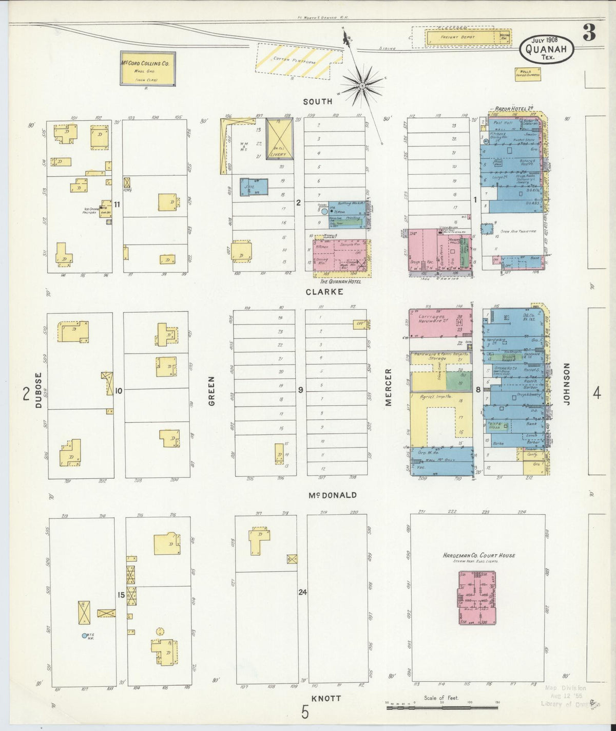 Sanborn Fire Insurance Map from Quanah, Hardeman County, Texas (1908), Sheet #0003 - Complete Map Set gallery image, historic Sanborn map, vintage wall art, Texas Texas