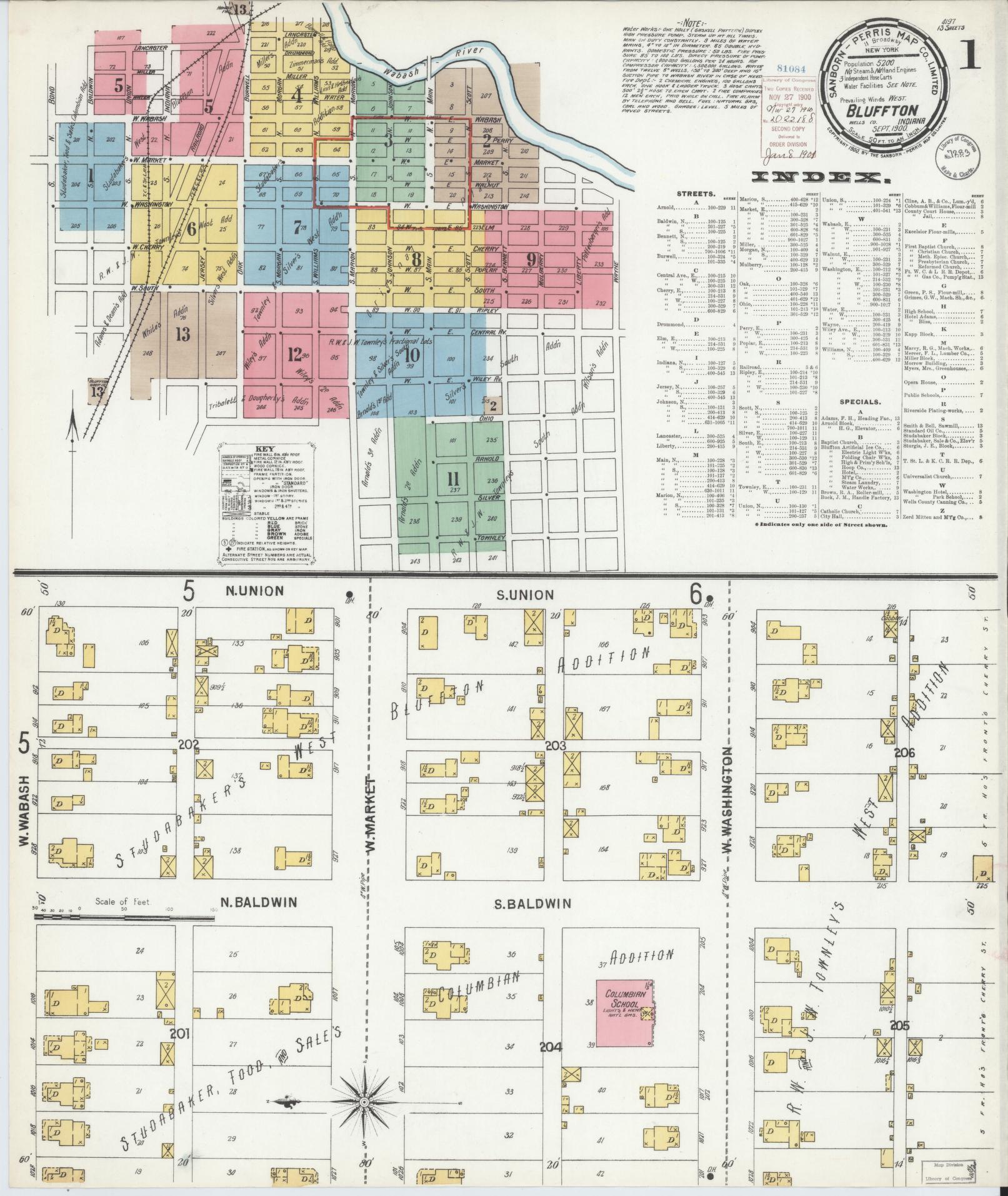 Sanborn Fire Insurance Map from Bluffton, Wells County, Indiana (1900), Sheet #0001 - Historic Sanborn Fire Insurance Map Print, vintage old map wall art, antique decor, genealogy gift, Indiana Indiana map