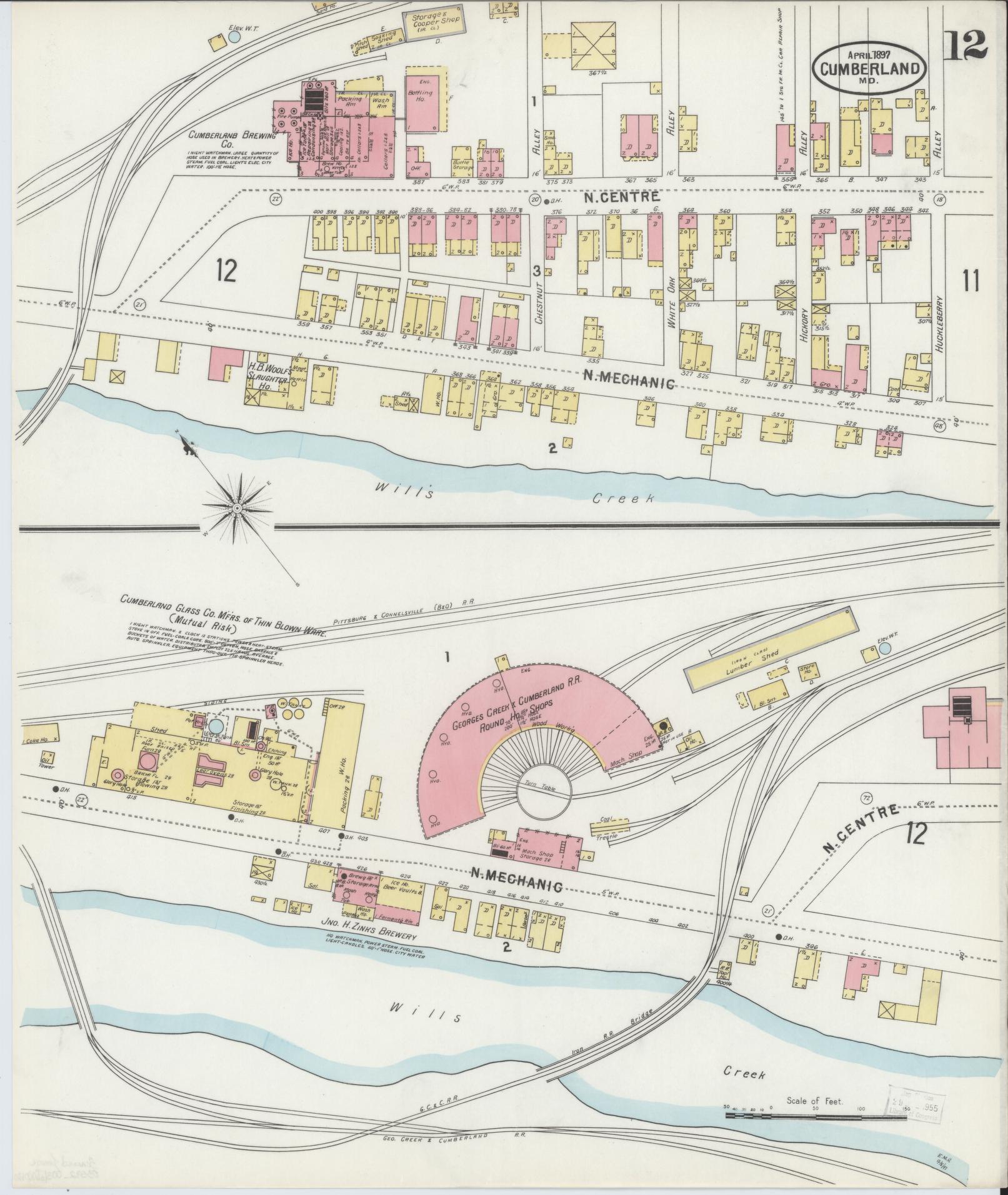 Sanborn Fire Insurance Map from Cumberland, Allegany County, Maryland (1897), Sheet #0012 - Historic Sanborn Fire Insurance Map Print, vintage old map wall art, antique decor, genealogy gift, Maryland Maryland map