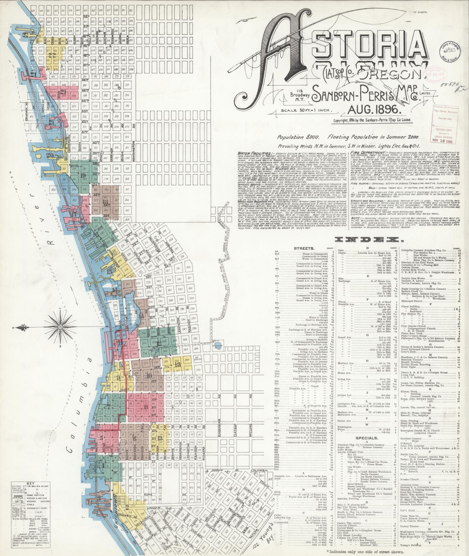 Sanborn Fire Insurance Map from Astoria, Clatsop County, Oregon (1896), Sheet #0001 - Complete Map Set gallery image, historic Sanborn map, vintage wall art, Oregon Oregon