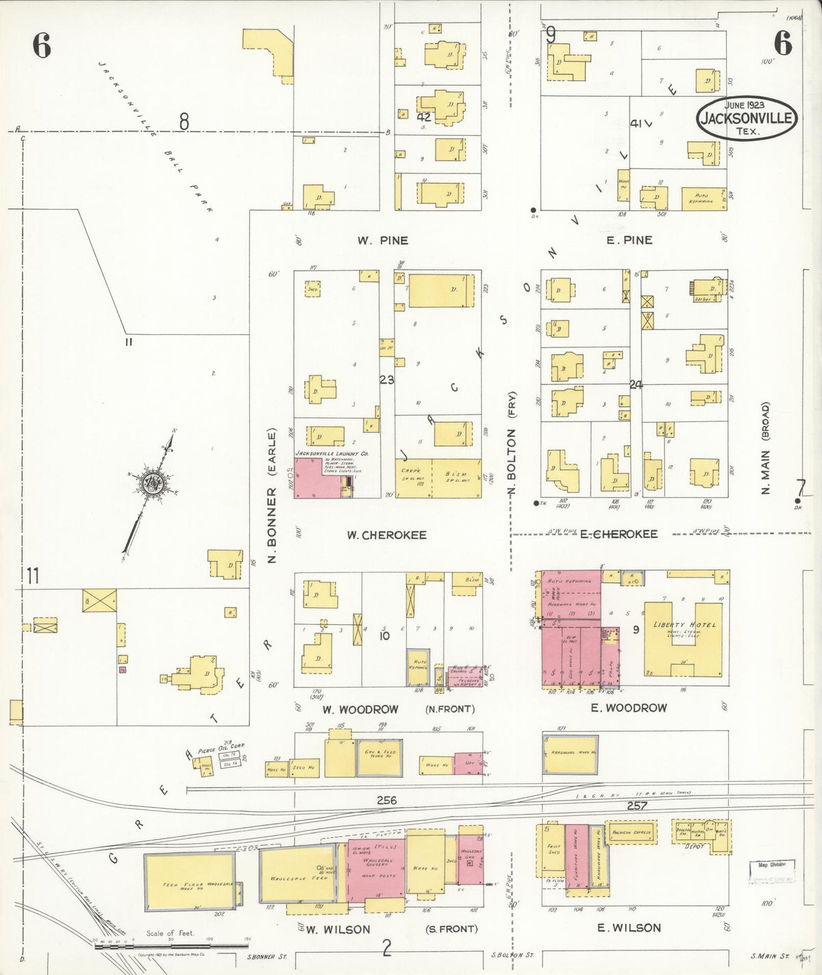 Sanborn Fire Insurance Map from Jacksonville, Cherokee County, Texas (1923), Sheet #0006 - Complete Map Set gallery image, historic Sanborn map, vintage wall art, Texas Texas
