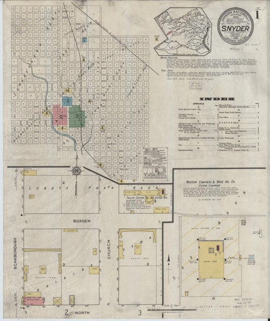 Sanborn Fire Insurance Map from Snyder, Scurry County, Texas (1920), Sheet #0001 - Historic Sanborn Fire Insurance Map Print, vintage old map wall art, antique decor, genealogy gift, Texas Texas map