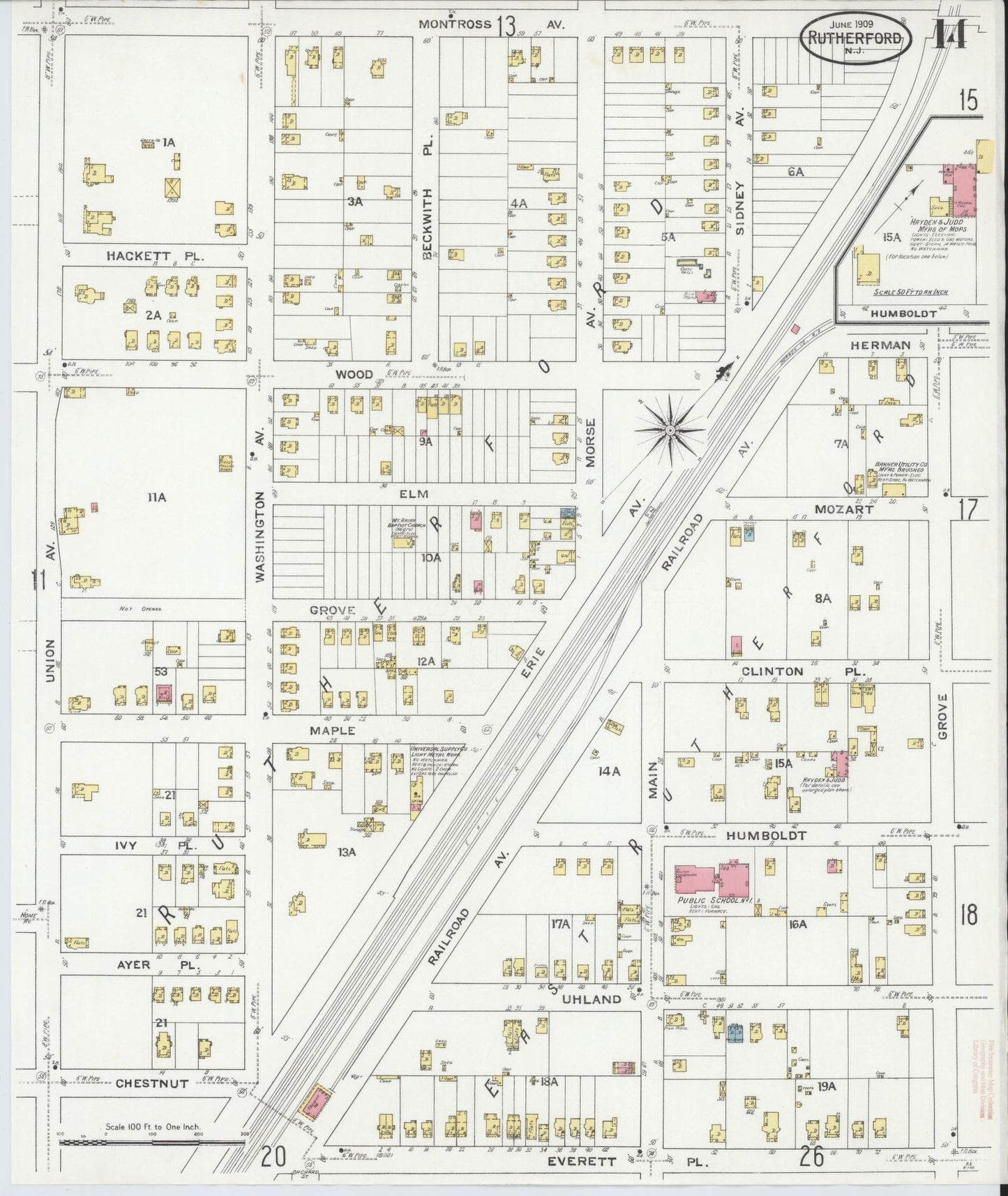 Sanborn Fire Insurance Map from Rutherford, Bergen County, New Jersey (1909), Sheet #0014 - Historic Sanborn Fire Insurance Map Print, vintage old map wall art, antique decor, genealogy gift, New Jersey New Jersey map