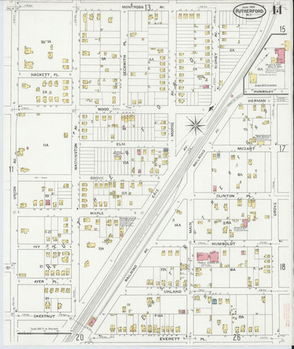 Sanborn Fire Insurance Map from Rutherford, Bergen County, New Jersey (1909), Sheet #0014 - Historic Sanborn Fire Insurance Map Print, vintage old map wall art, antique decor, genealogy gift, New Jersey New Jersey map