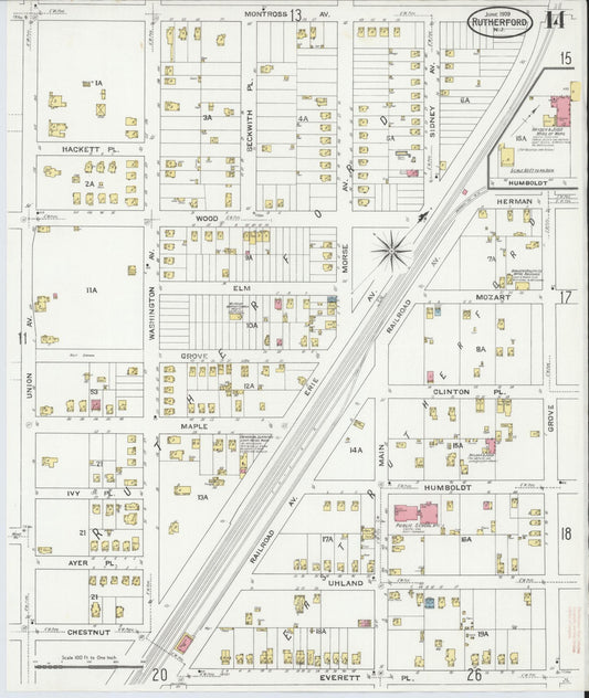 Sanborn Fire Insurance Map from Rutherford, Bergen County, New Jersey (1909), Sheet #0014 - Historic Sanborn Fire Insurance Map Print, vintage old map wall art, antique decor, genealogy gift, New Jersey New Jersey map