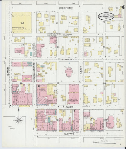Sanborn Fire Insurance Map from Jacksonville, Morgan County, Illinois (1892), Sheet #0004 - Complete Map Set gallery image, historic Sanborn map, vintage wall art, Illinois Illinois