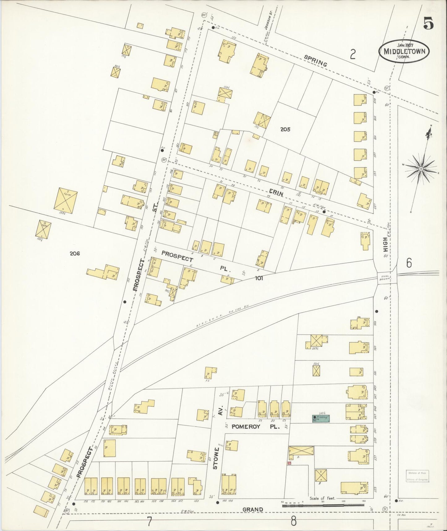 Sanborn Fire Insurance Map from Middletown, Middlesex County, Connecticut (1907), Sheet #0005 - Complete Map Set gallery image, historic Sanborn map, vintage wall art, Connecticut Connecticut