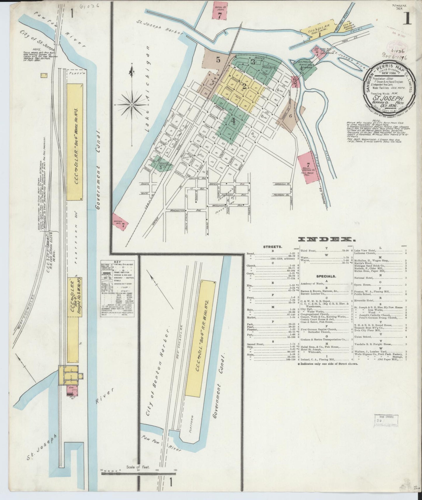 Sanborn Fire Insurance Map from Saint Joseph, Berrien County, Michigan (1896), Sheet #0001 - Complete Map Set gallery image, historic Sanborn map, vintage wall art, Michigan Michigan