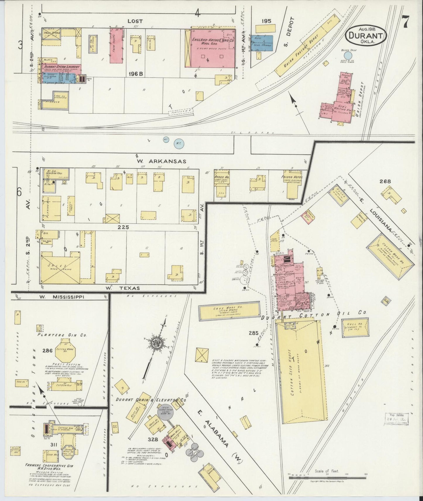 Sanborn Fire Insurance Map from Durant, Bryan County, Oklahoma (1918), Sheet #0007 - Historic Sanborn Fire Insurance Map Print, vintage old map wall art, antique decor, genealogy gift, Oklahoma Oklahoma map
