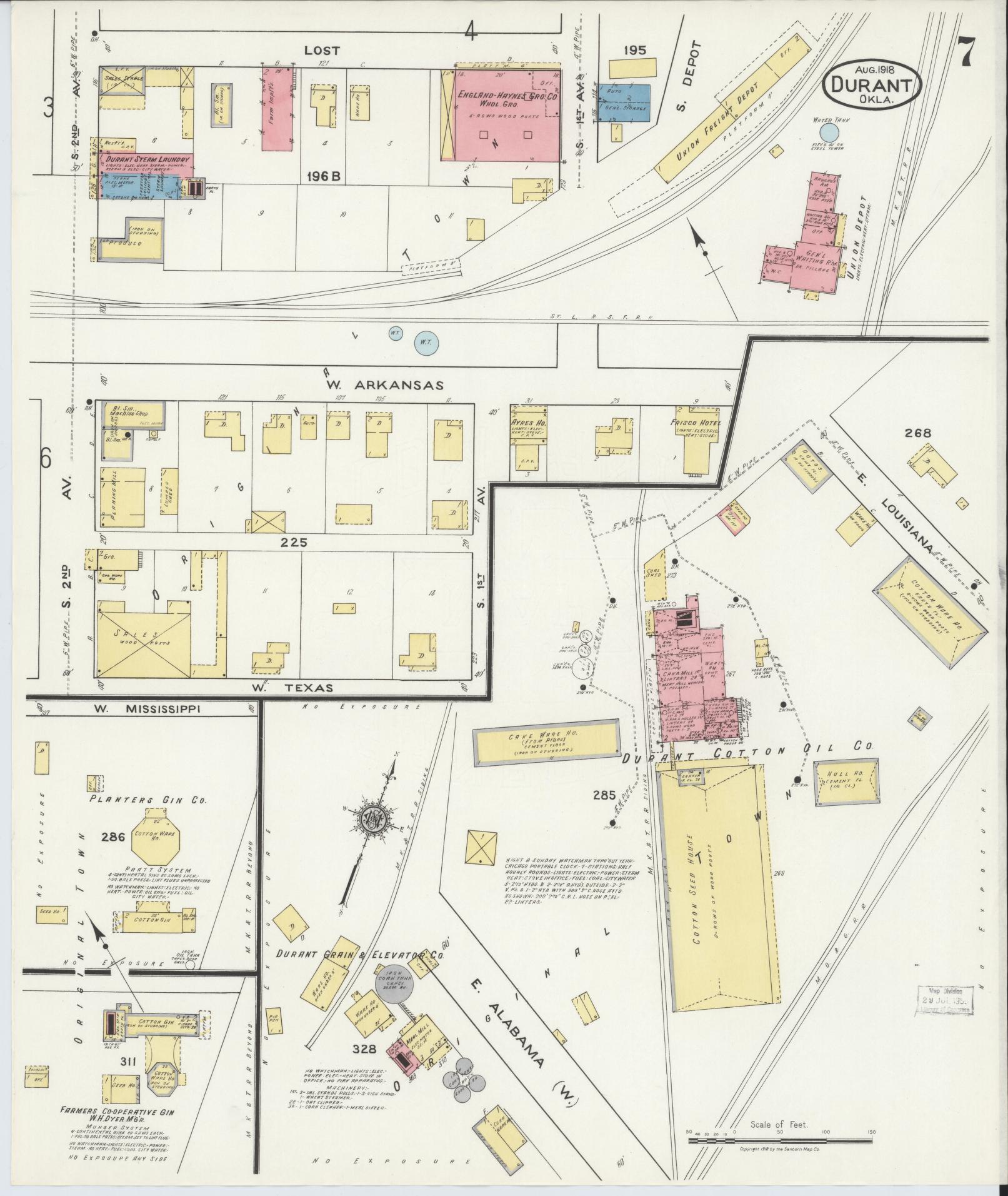 Sanborn Fire Insurance Map from Durant, Bryan County, Oklahoma (1918), Sheet #0007 - Historic Sanborn Fire Insurance Map Print, vintage old map wall art, antique decor, genealogy gift, Oklahoma Oklahoma map
