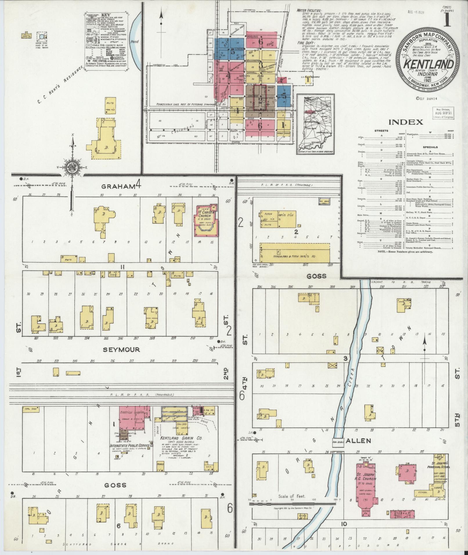 Sanborn Fire Insurance Map from Kentland, Newton County, Indiana (1921), Sheet #0001 - Historic Sanborn Fire Insurance Map Print, vintage old map wall art, antique decor, genealogy gift, Indiana Indiana map