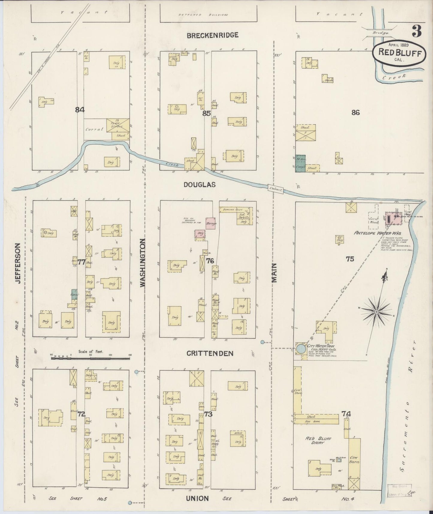 Sanborn Fire Insurance Map from Red Bluff, Tehama County, California (1889), Sheet #0003 - Complete Map Set gallery image, historic Sanborn map, vintage wall art, California California