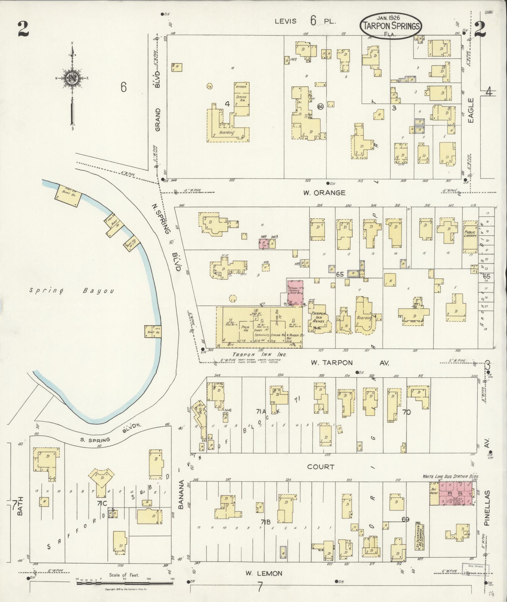 Sanborn Fire Insurance Map from Tarpon Springs, Pinellas County, Florida (1926), Sheet #0002 - Complete Map Set gallery image, historic Sanborn map, vintage wall art, Florida Florida