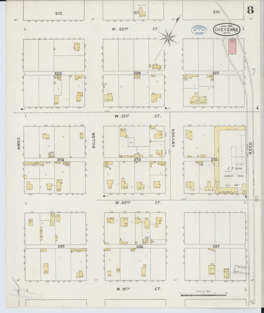 Sanborn Fire Insurance Map from Cheyenne, Laramie County, Wyoming (1894), Sheet #0008 - Historic Sanborn Fire Insurance Map Print, vintage old map wall art, antique decor, genealogy gift, Wyoming Wyoming map