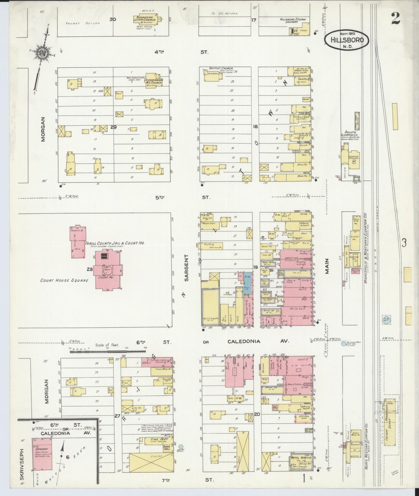 Sanborn Fire Insurance Map from Hillsboro, Traill County, North Dakota (1910), Sheet #0002 - Historic Sanborn Fire Insurance Map Print, vintage old map wall art, antique decor, genealogy gift, North Dakota North Dakota map
