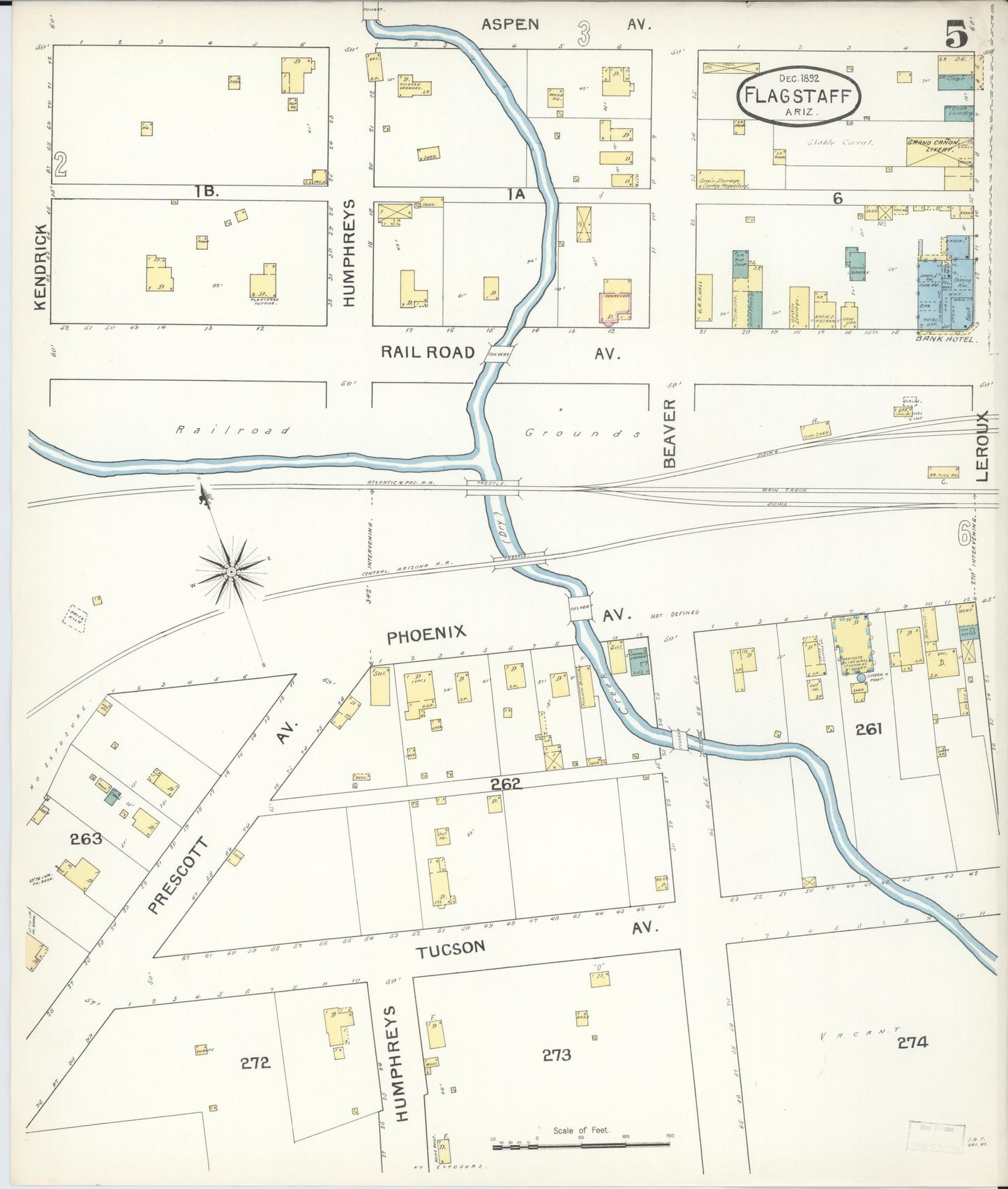 Sanborn Fire Insurance Map from Flagstaff, Coconino County, Arizona (1892), Sheet #0005 - Historic Sanborn Fire Insurance Map Print, vintage old map wall art, antique decor, genealogy gift, Arizona Arizona map