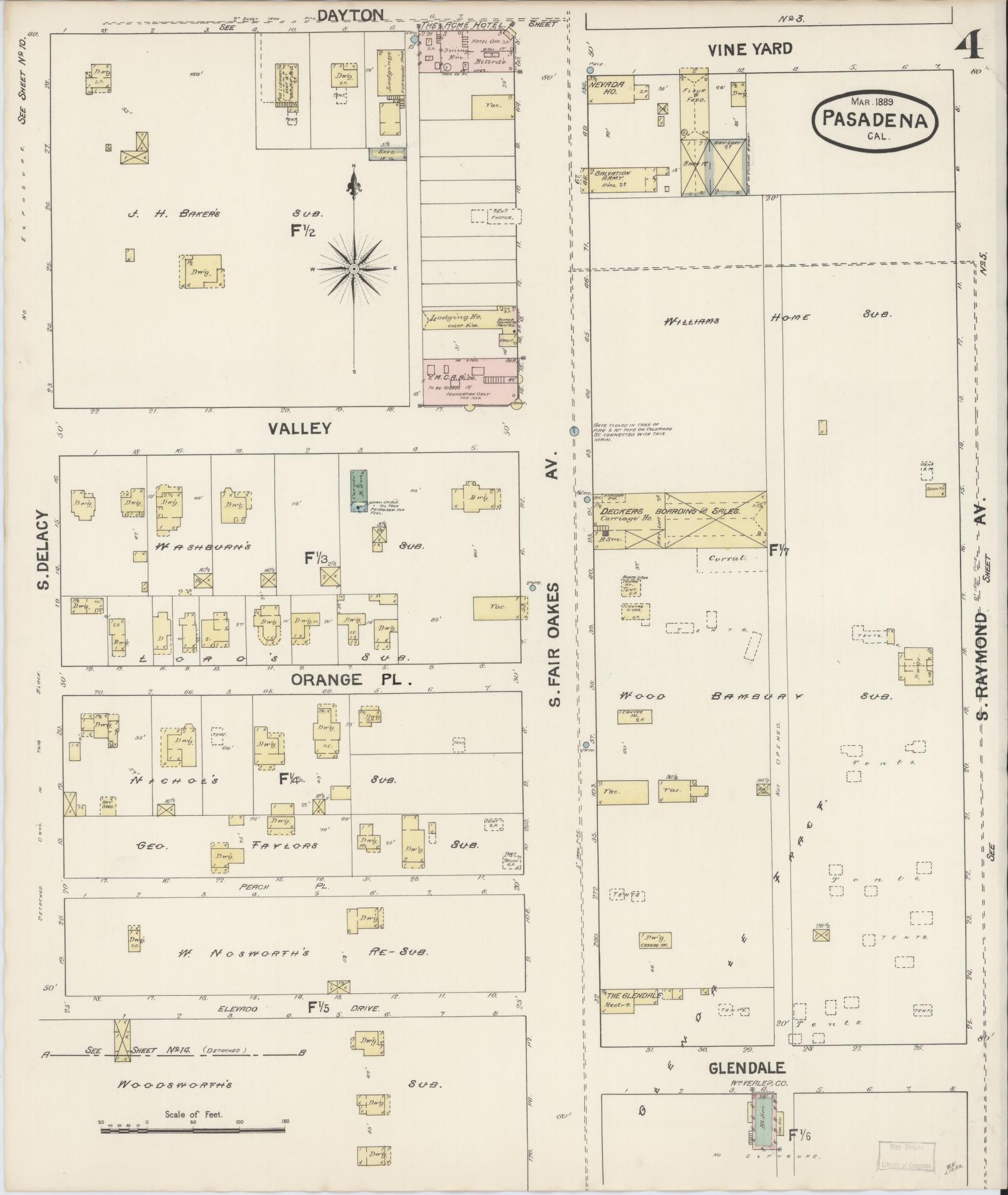 Sanborn Fire Insurance Map from Pasadena, Los Angeles County, California (1889), Sheet #0004 - Complete Map Set gallery image, historic Sanborn map, vintage wall art, California California