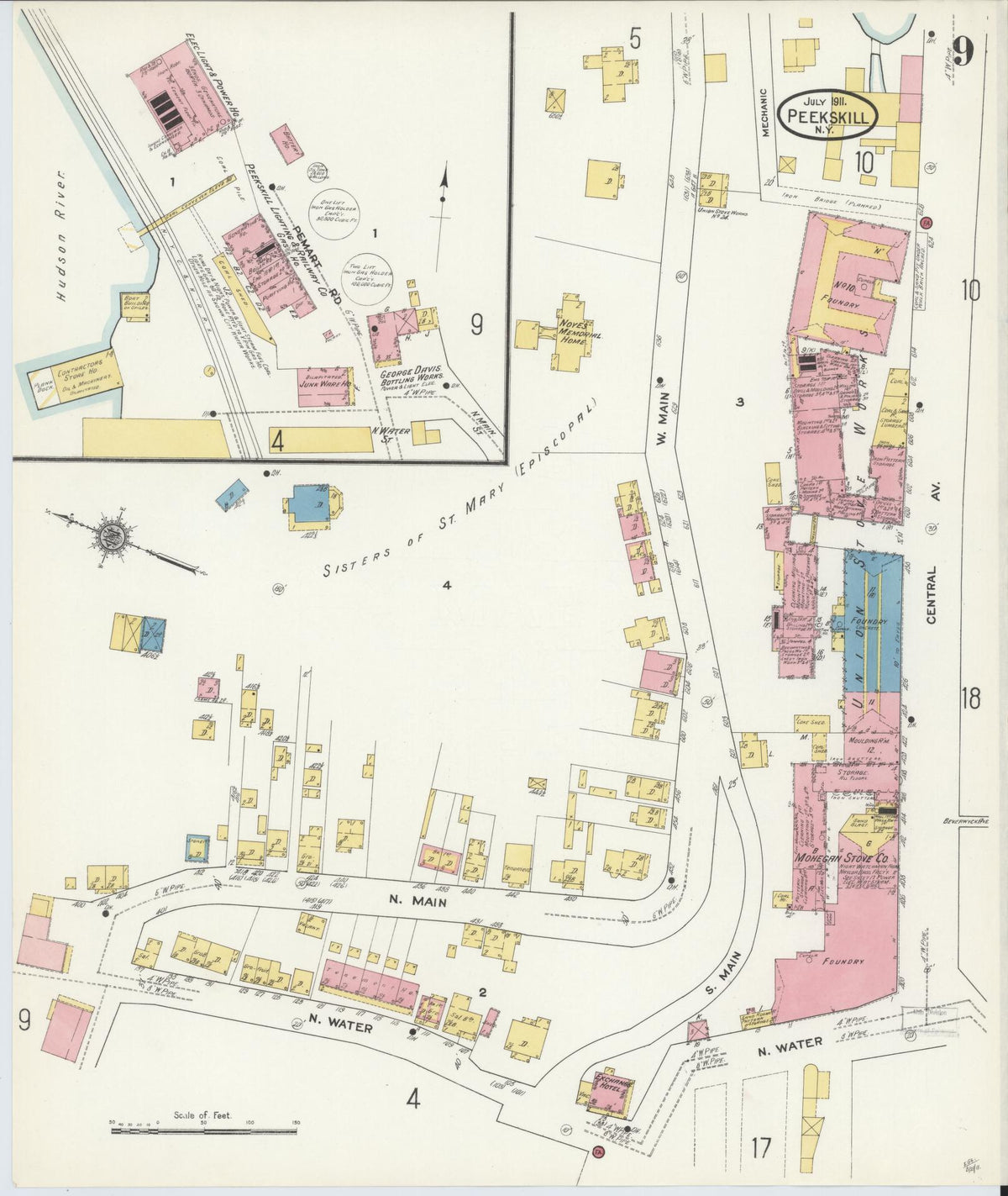 Sanborn Fire Insurance Map from Peekskill, Westchester County, New York (1911), Sheet #0009 - Historic Sanborn Fire Insurance Map Print, vintage old map wall art, antique decor, genealogy gift, New York New York map