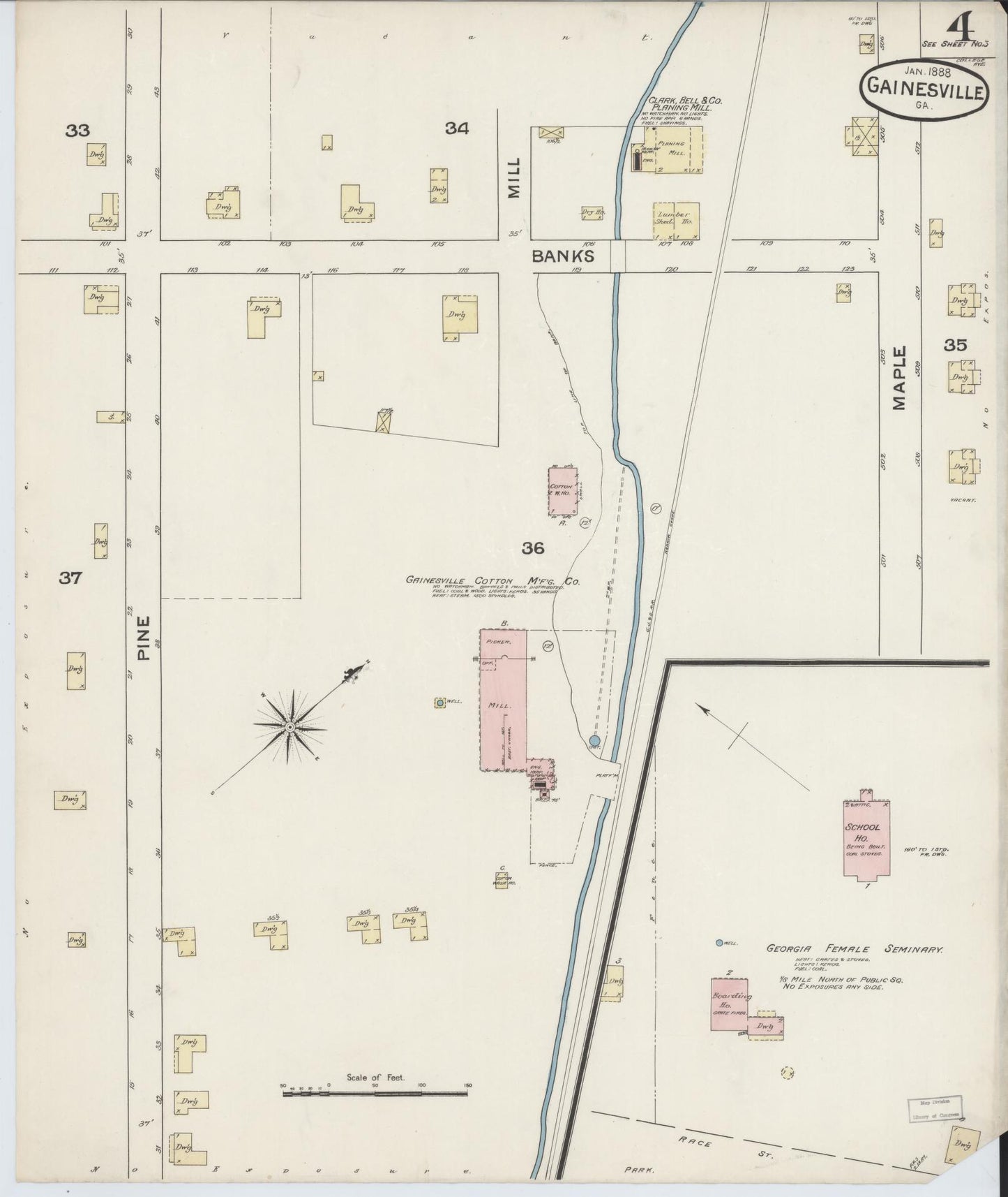Sanborn Fire Insurance Map from Gainesville, Hall County, Georgia (1888), Sheet #0004 - Historic Sanborn Fire Insurance Map Print, vintage old map wall art, antique decor, genealogy gift, Georgia Georgia map