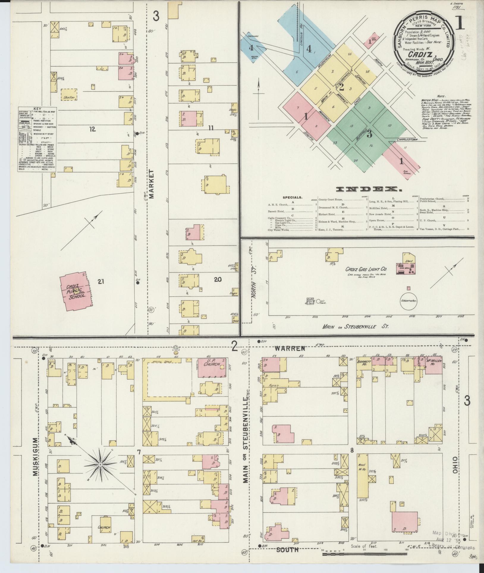 Sanborn Fire Insurance Map from Cadiz, Harrison County, Ohio (1897), Sheet #0001 - Historic Sanborn Fire Insurance Map Print, vintage old map wall art, antique decor, genealogy gift, Ohio Ohio map