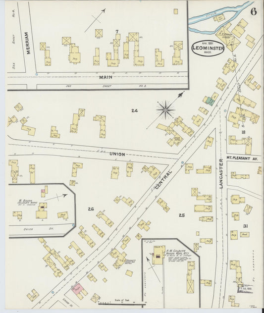 Sanborn Fire Insurance Map from Leominster, Worcester County, Massachusetts (1891), Sheet #0006 - Historic Sanborn Fire Insurance Map Print, vintage old map wall art, antique decor, genealogy gift, Massachusetts Massachusetts map
