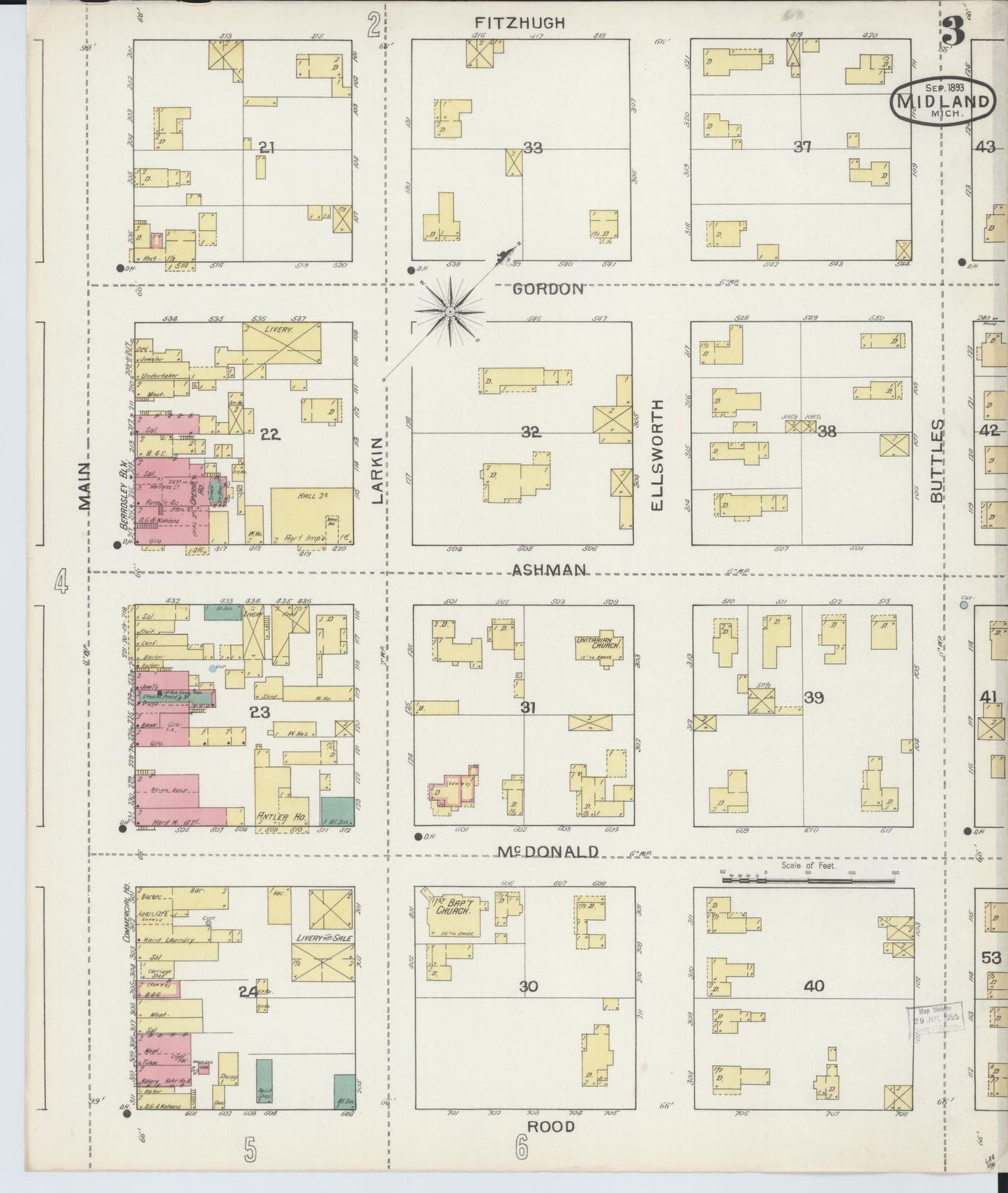 Sanborn Fire Insurance Map from Midland, Midland County, Michigan (1893), Sheet #0003 - Complete Map Set gallery image, historic Sanborn map, vintage wall art, Michigan Michigan