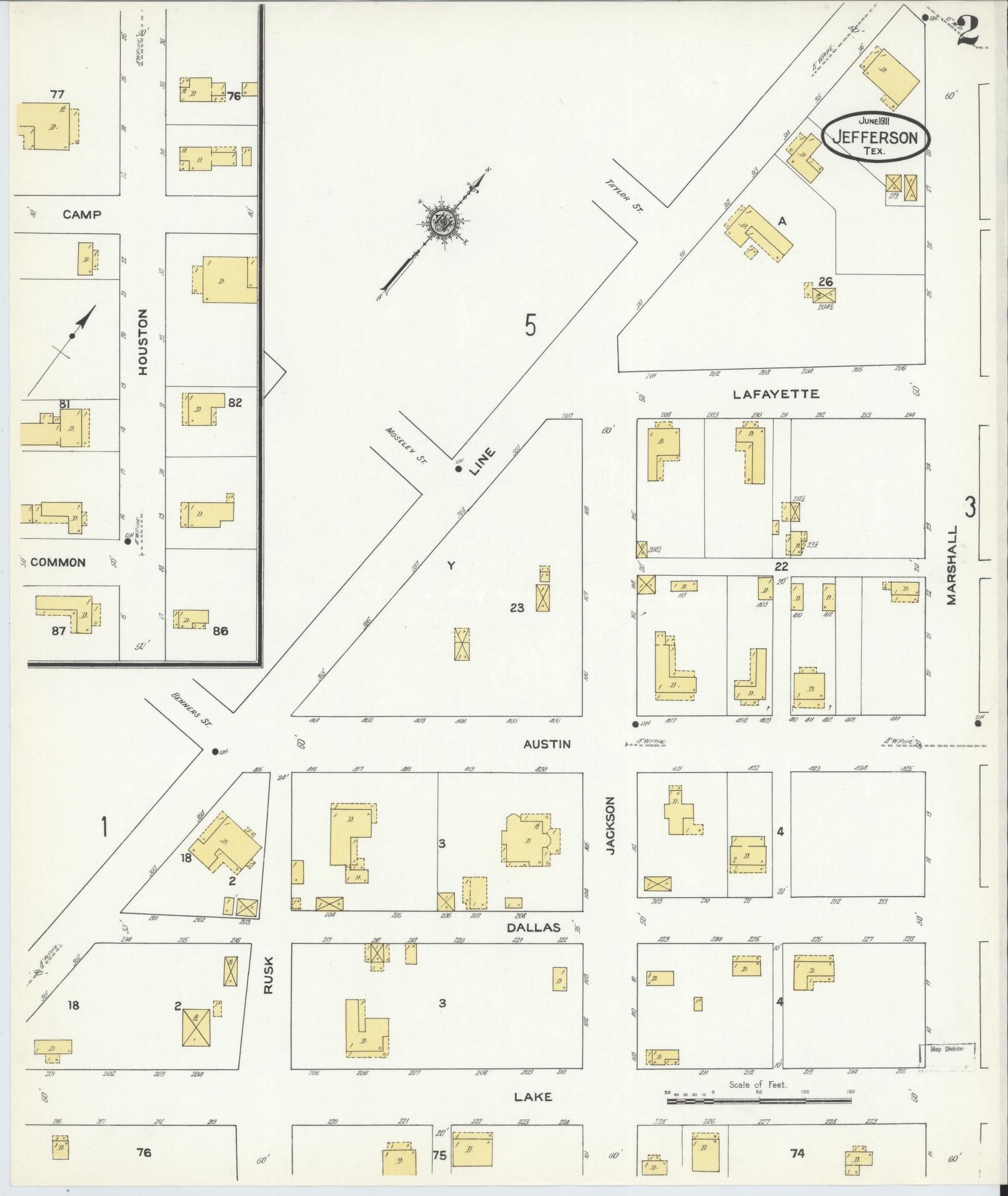 Sanborn Fire Insurance Map from Jefferson, Marion County, Texas (1911), Sheet #0002 - Historic Sanborn Fire Insurance Map Print, vintage old map wall art, antique decor, genealogy gift, Texas Texas map