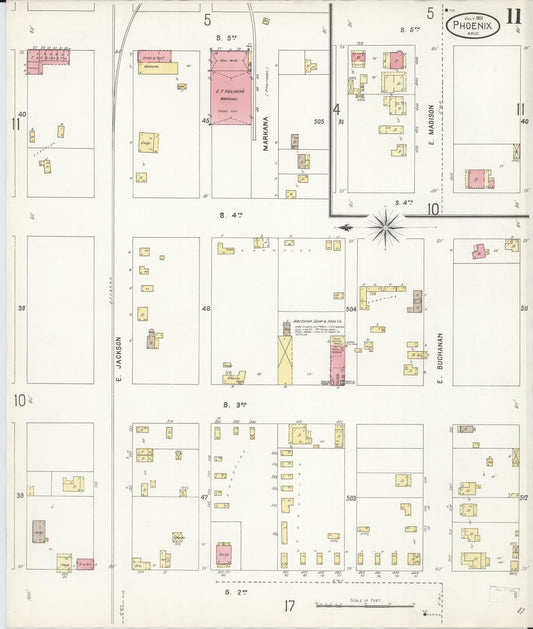 Sanborn Fire Insurance Map from Phoenix, Maricopa County, Arizona (1901), Sheet #0011 - Historic Sanborn Fire Insurance Map Print, vintage old map wall art, antique decor, genealogy gift, Arizona Arizona map