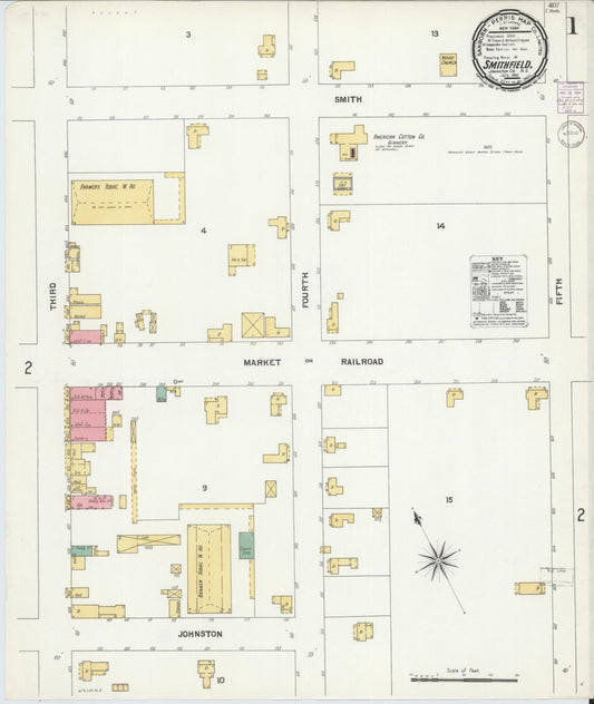 Sanborn Fire Insurance Map from Smithfield, Johnston County, North Carolina (1901), Sheet #0001 - Complete Map Set gallery image, historic Sanborn map, vintage wall art, North Carolina North Carolina