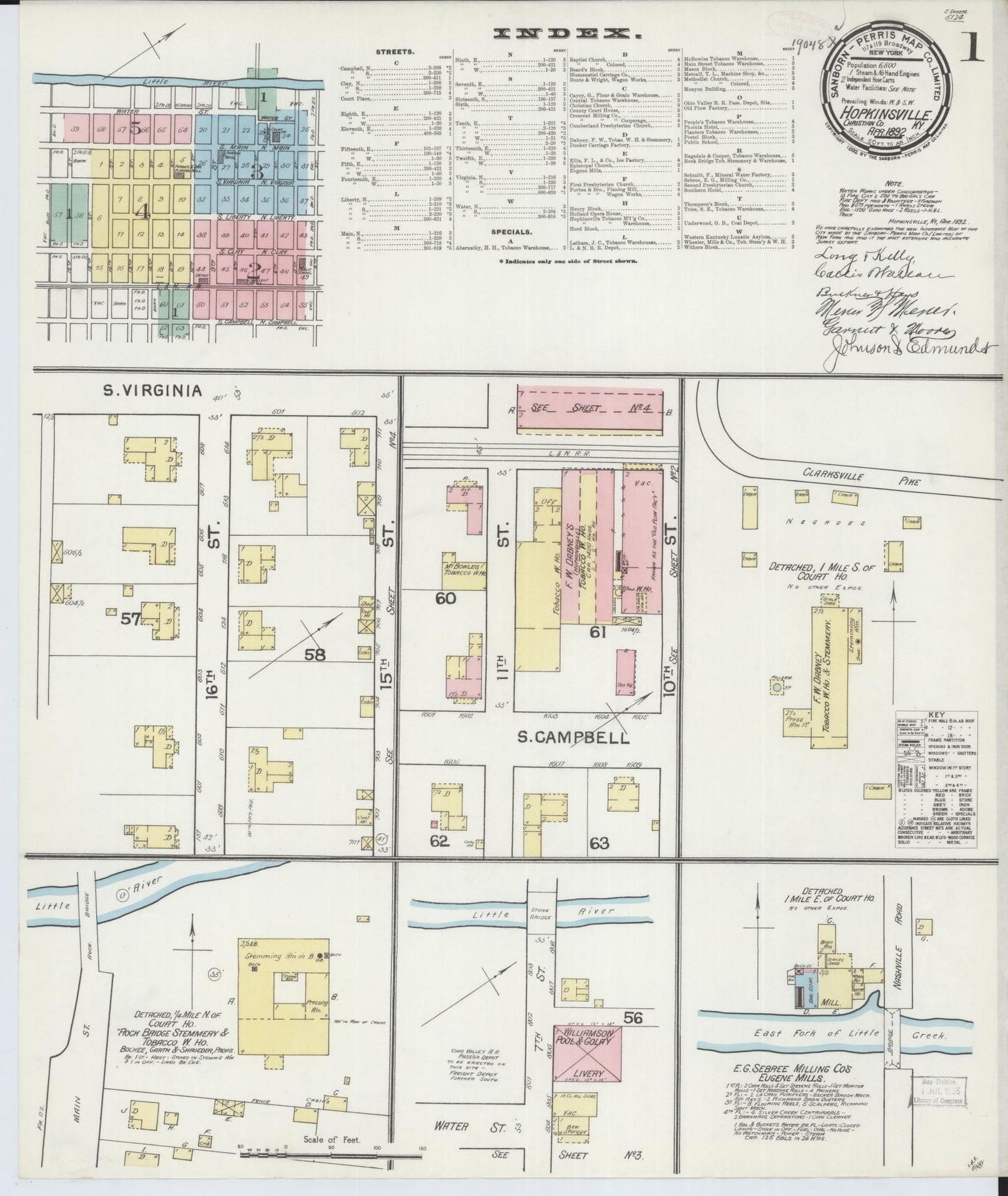Sanborn Fire Insurance Map from Hopkinsville, Christian County, Kentucky (1892), Sheet #0001 - Complete Map Set gallery image, historic Sanborn map, vintage wall art, Kentucky Kentucky