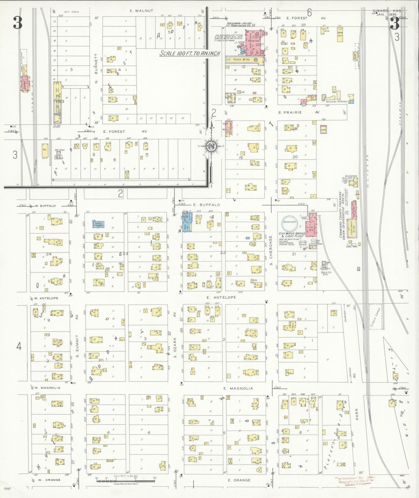 Sanborn Fire Insurance Map from Girard, Crawford County, Kansas (1935), Sheet #0003 - Complete Map Set gallery image, historic Sanborn map, vintage wall art, Kansas Kansas