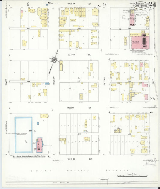 Sanborn Fire Insurance Map from Cheyenne, Laramie County, Wyoming (1912), Sheet #0024 - Historic Sanborn Fire Insurance Map Print, vintage old map wall art, antique decor, genealogy gift, Wyoming Wyoming map