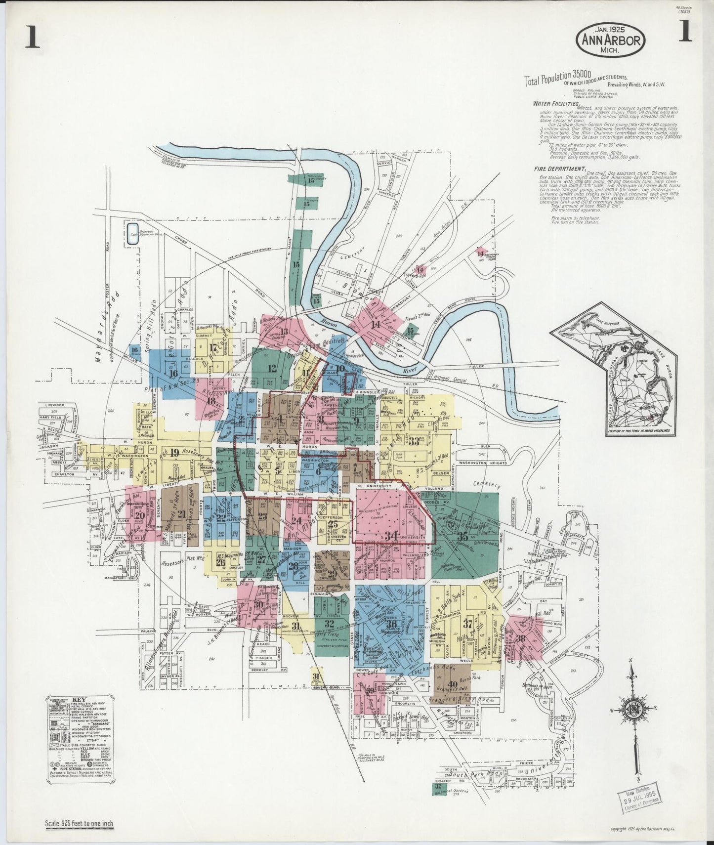 Sanborn Fire Insurance Map from Ann Arbor, Washtenaw County, Michigan (1925), Sheet #0001 - Historic Sanborn Fire Insurance Map Print, vintage old map wall art, antique decor, genealogy gift, Michigan Michigan map